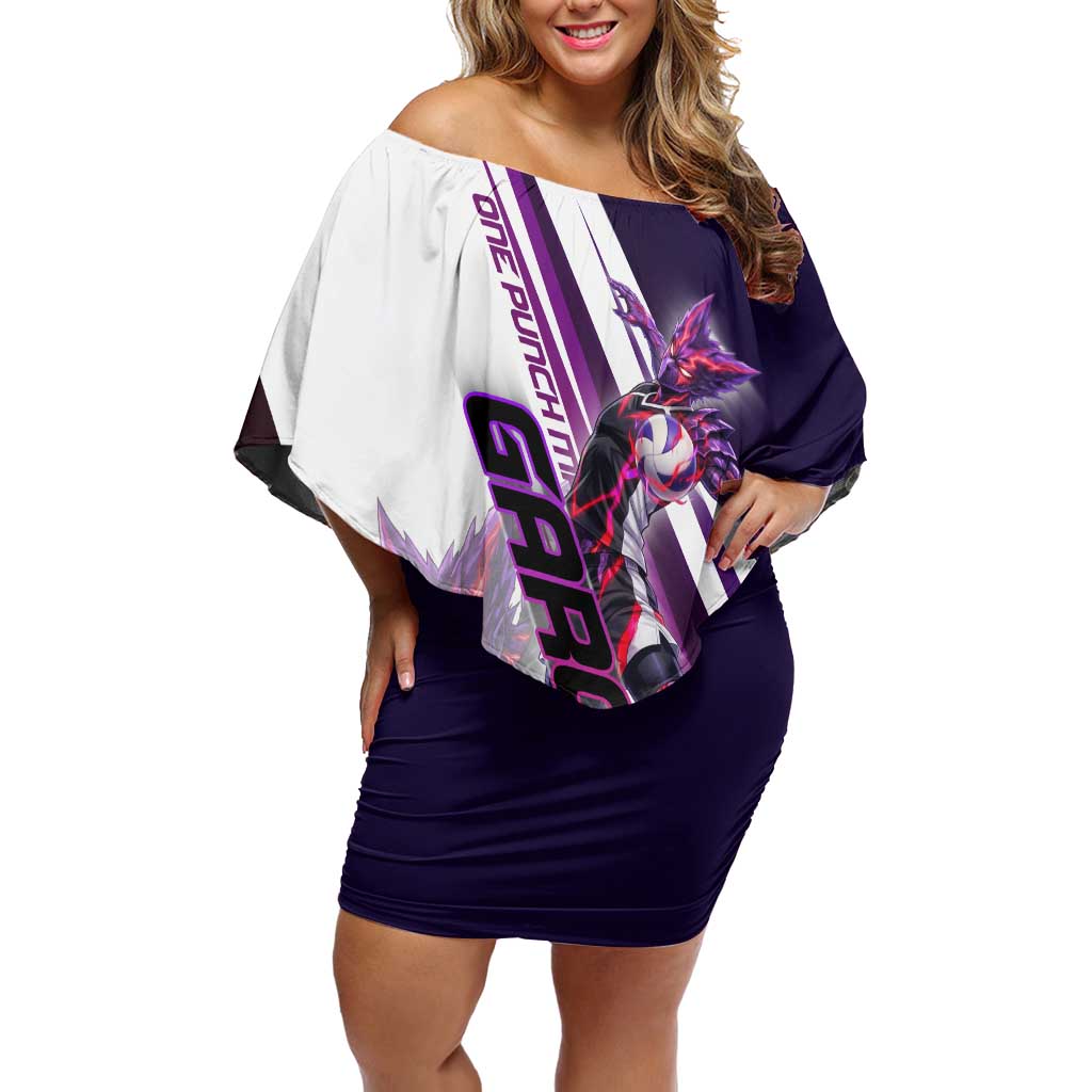 Personalized Garou Monster Volleyball Design Off Shoulder Short Dress with Dynamic Pose, Purple and White Diagonal Stripes Featuring One Punch Man Anime Theme