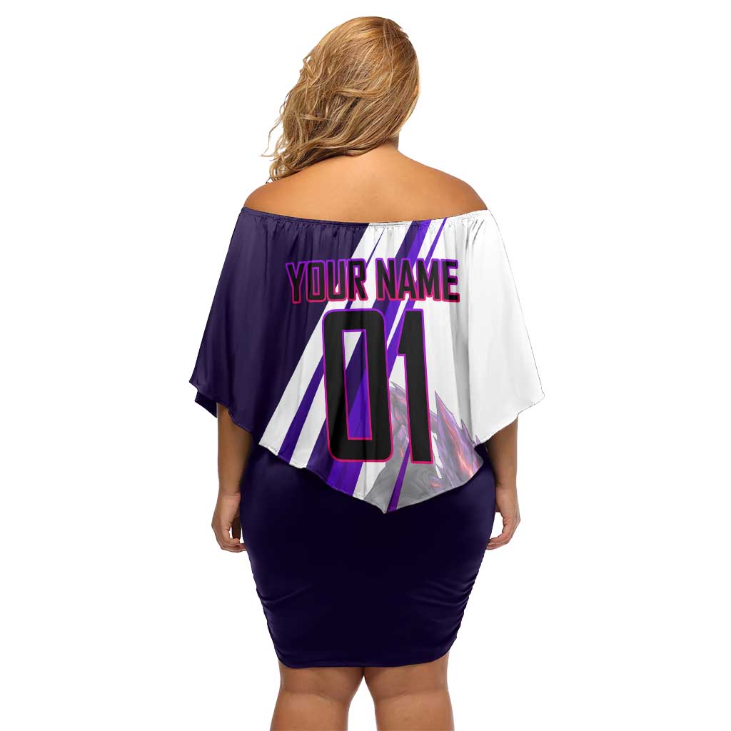 Personalized Garou Monster Volleyball Design Off Shoulder Short Dress with Dynamic Pose, Purple and White Diagonal Stripes Featuring One Punch Man Anime Theme