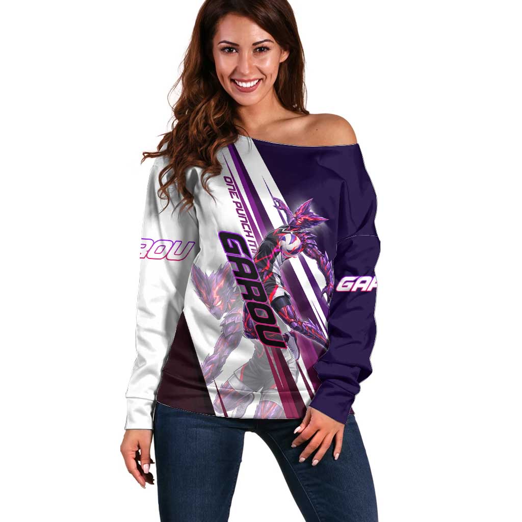 Personalized Garou Monster Volleyball Design Off Shoulder Sweater with Dynamic Pose, Purple and White Diagonal Stripes Featuring One Punch Man Anime Theme