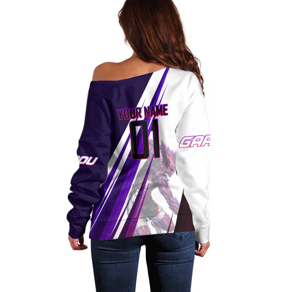 Personalized Garou Monster Volleyball Design Off Shoulder Sweater with Dynamic Pose, Purple and White Diagonal Stripes Featuring One Punch Man Anime Theme