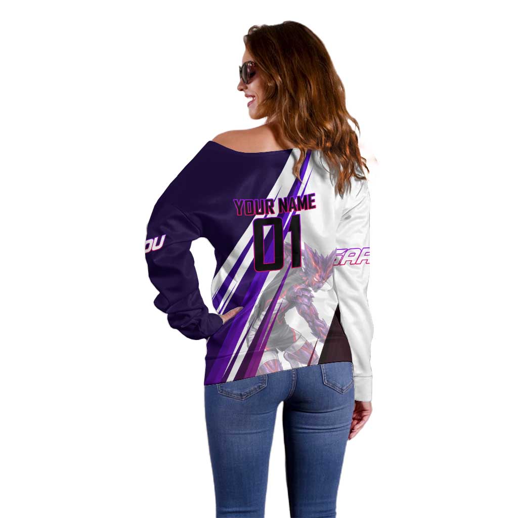 Personalized Garou Monster Volleyball Design Off Shoulder Sweater with Dynamic Pose, Purple and White Diagonal Stripes Featuring One Punch Man Anime Theme