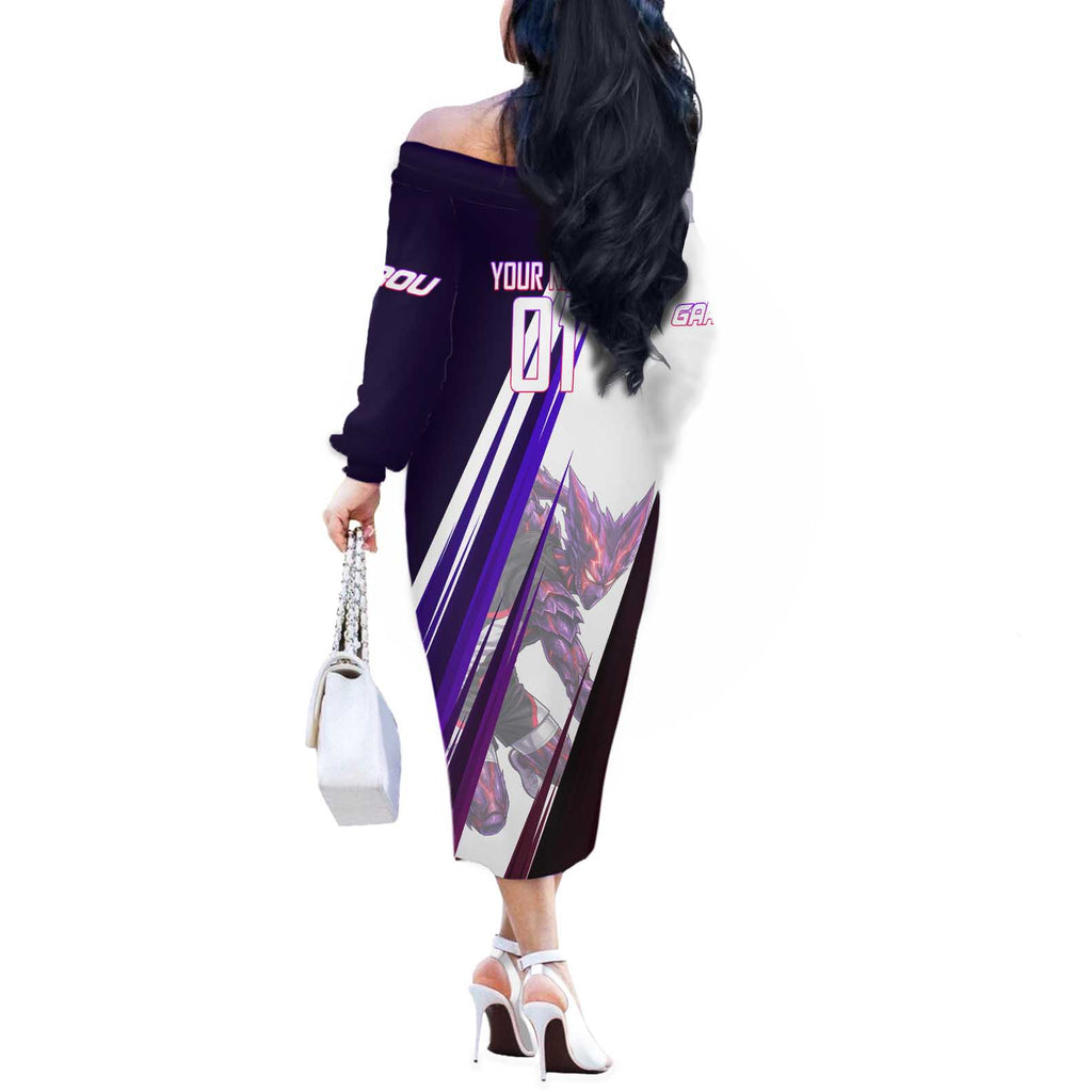 Personalized Garou Monster Volleyball Design Off The Shoulder Long Sleeve Dress with Dynamic Pose, Purple and White Diagonal Stripes Featuring One Punch Man Anime Theme