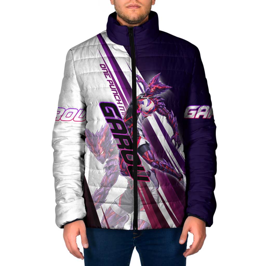 Personalized Garou Monster Volleyball Design Padded Jacket with Dynamic Pose, Purple and White Diagonal Stripes Featuring One Punch Man Anime Theme
