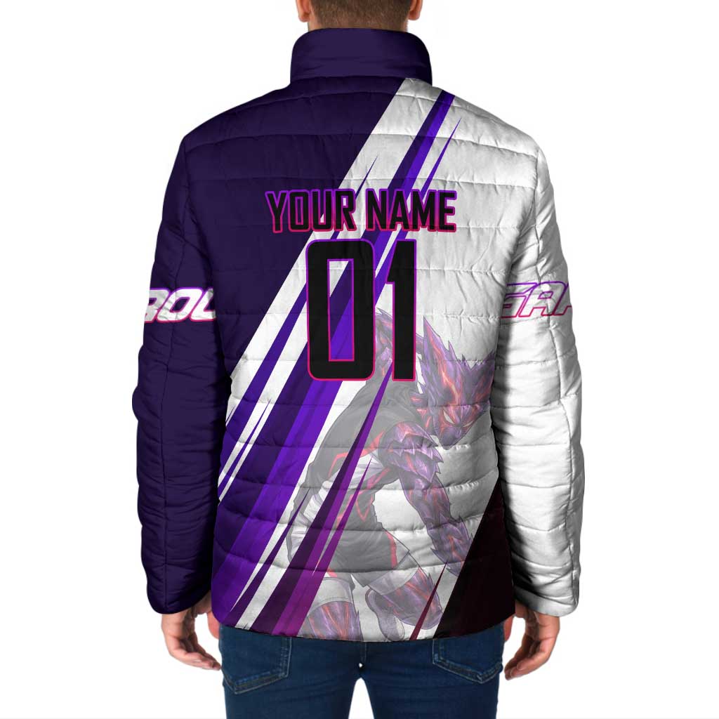 Personalized Garou Monster Volleyball Design Padded Jacket with Dynamic Pose, Purple and White Diagonal Stripes Featuring One Punch Man Anime Theme