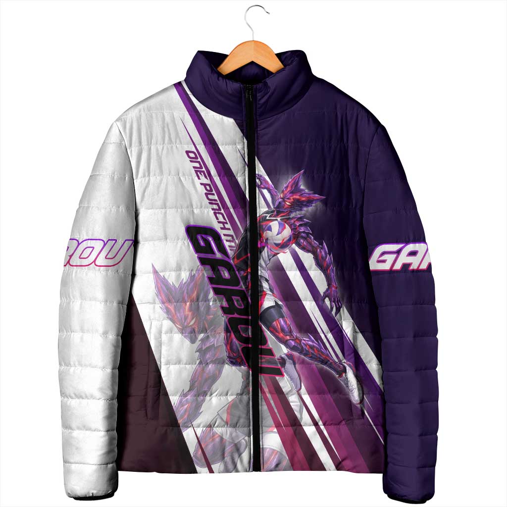 Personalized Garou Monster Volleyball Design Padded Jacket with Dynamic Pose, Purple and White Diagonal Stripes Featuring One Punch Man Anime Theme