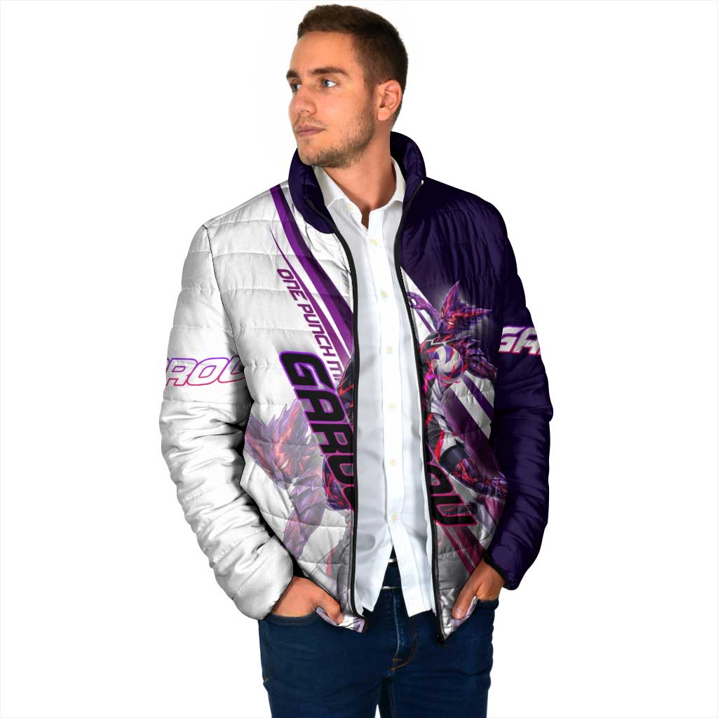 Personalized Garou Monster Volleyball Design Padded Jacket with Dynamic Pose, Purple and White Diagonal Stripes Featuring One Punch Man Anime Theme