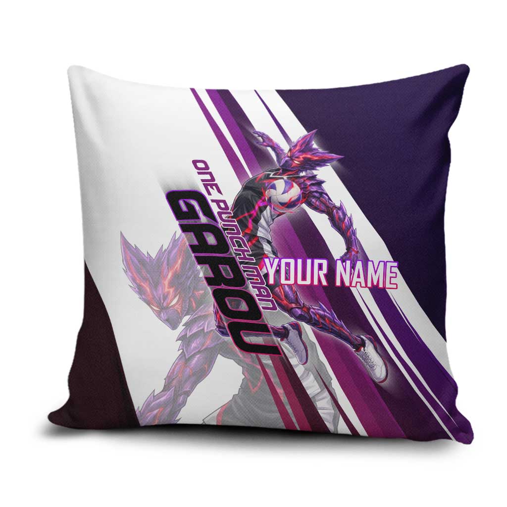 Personalized Garou Monster Volleyball Design Pillow Cover with Dynamic Pose, Purple and White Diagonal Stripes Featuring One Punch Man Anime Theme