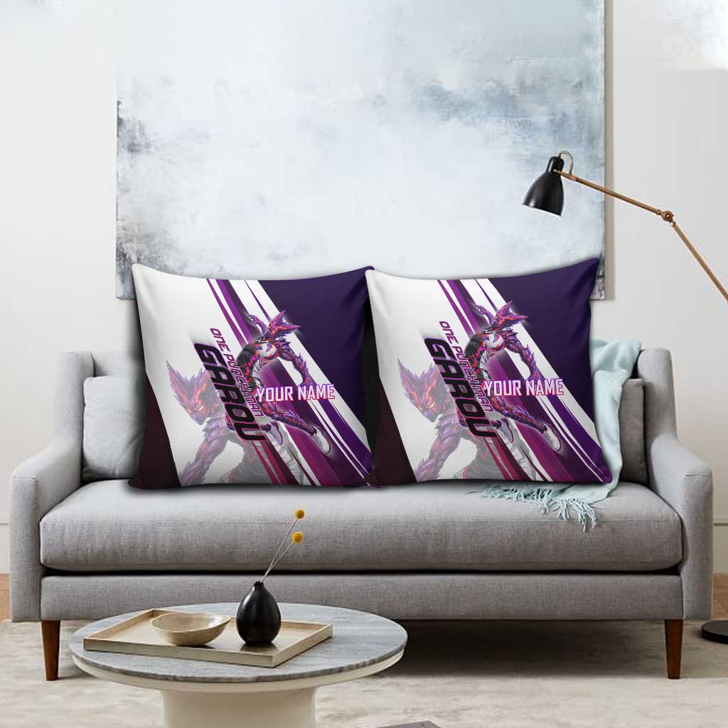 Personalized Garou Monster Volleyball Design Pillow Cover with Dynamic Pose, Purple and White Diagonal Stripes Featuring One Punch Man Anime Theme