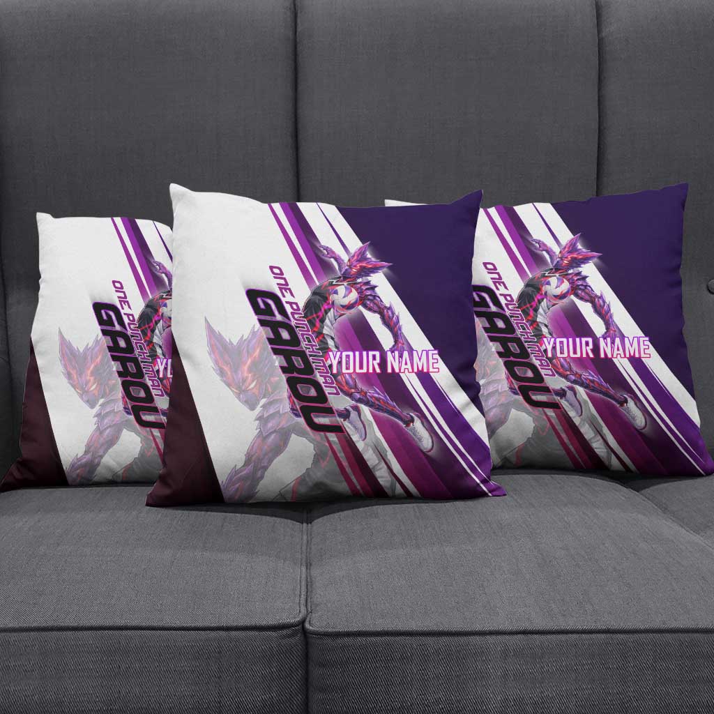Personalized Garou Monster Volleyball Design Pillow Cover with Dynamic Pose, Purple and White Diagonal Stripes Featuring One Punch Man Anime Theme