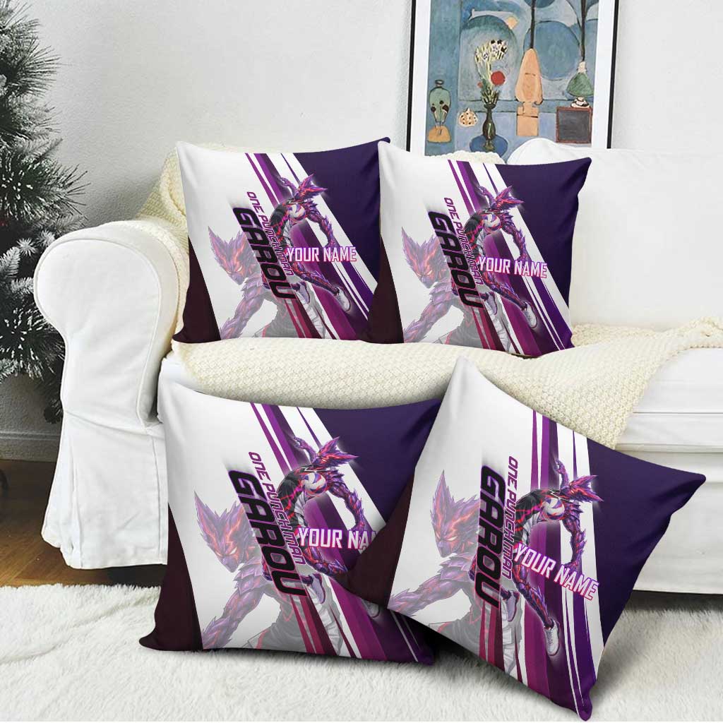 Personalized Garou Monster Volleyball Design Pillow Cover with Dynamic Pose, Purple and White Diagonal Stripes Featuring One Punch Man Anime Theme