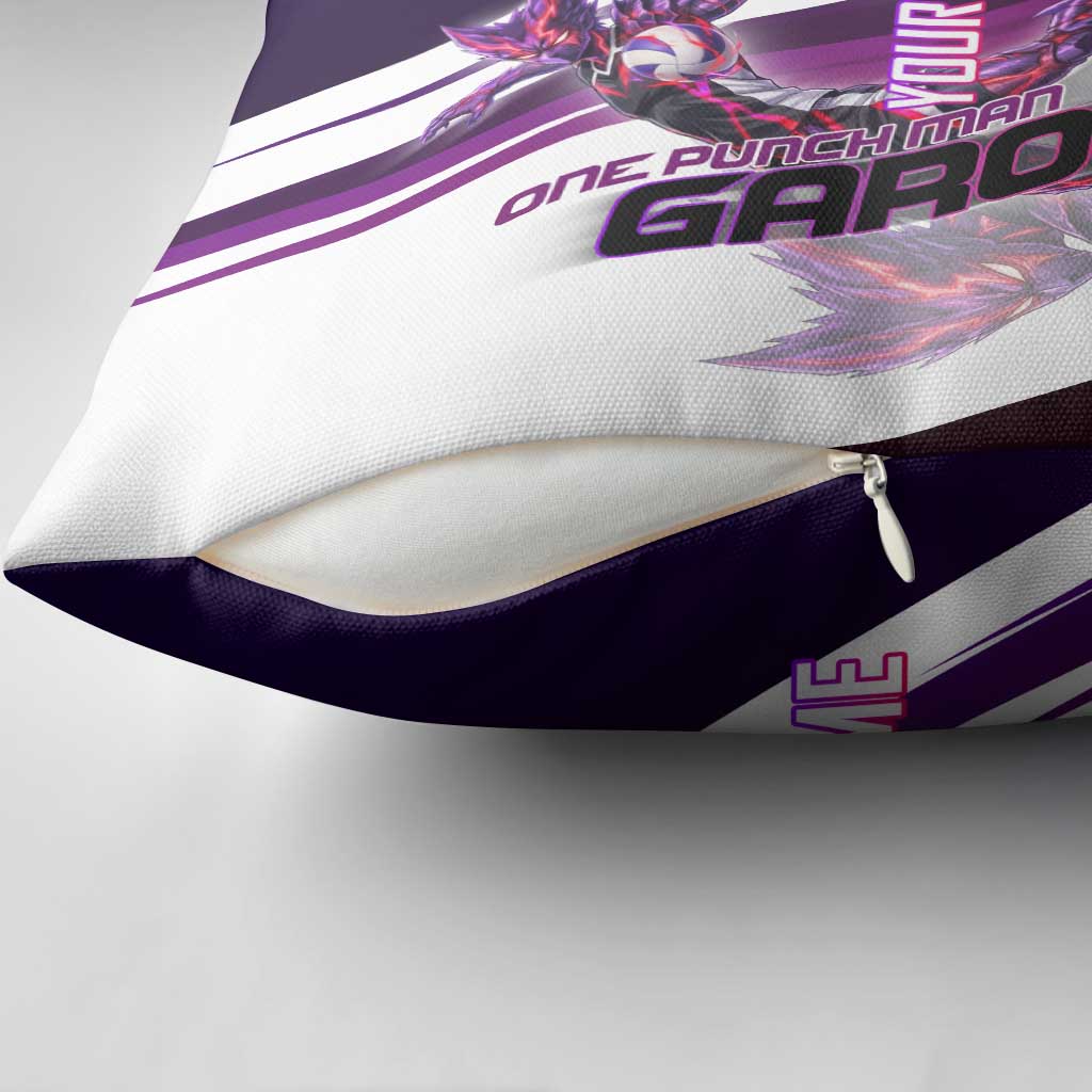 Personalized Garou Monster Volleyball Design Pillow Cover with Dynamic Pose, Purple and White Diagonal Stripes Featuring One Punch Man Anime Theme
