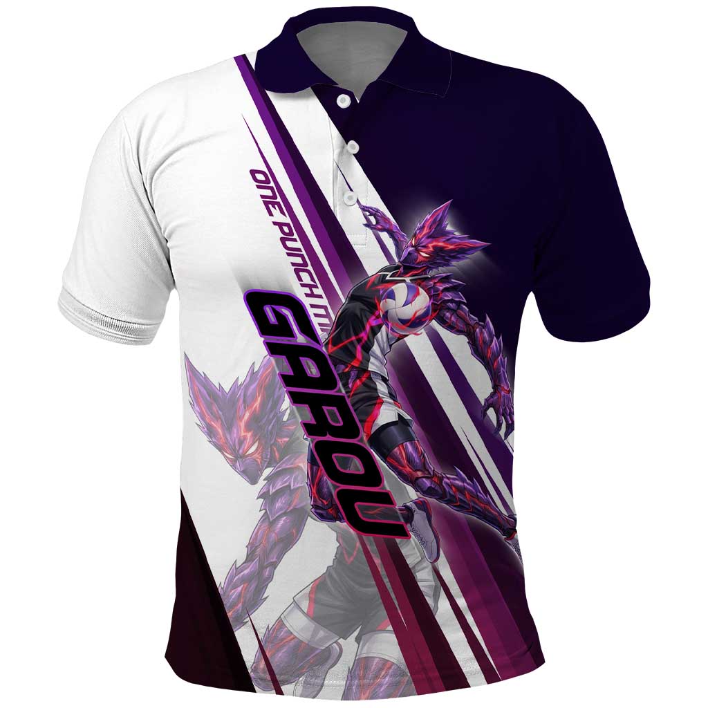 Personalized Garou Monster Volleyball Design Polo Shirt with Dynamic Pose, Purple and White Diagonal Stripes Featuring One Punch Man Anime Theme