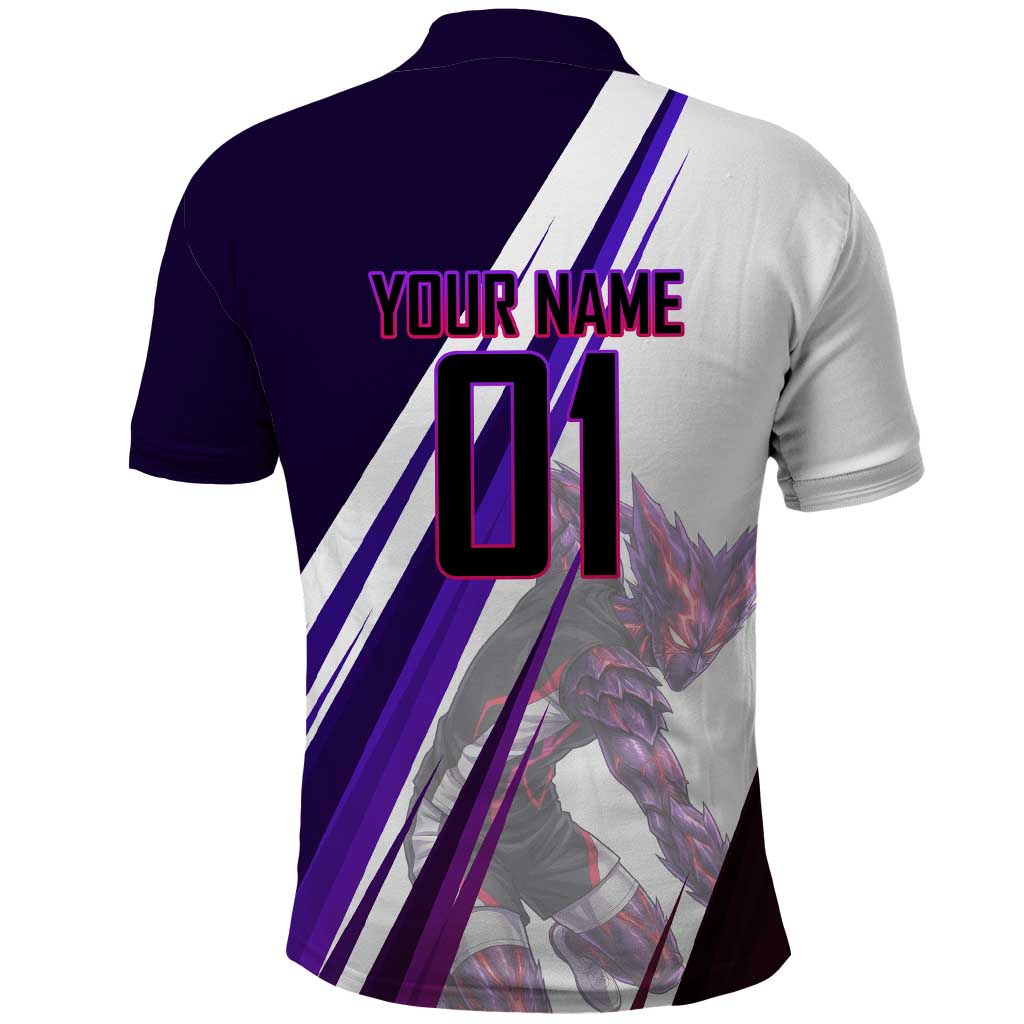 Personalized Garou Monster Volleyball Design Polo Shirt with Dynamic Pose, Purple and White Diagonal Stripes Featuring One Punch Man Anime Theme
