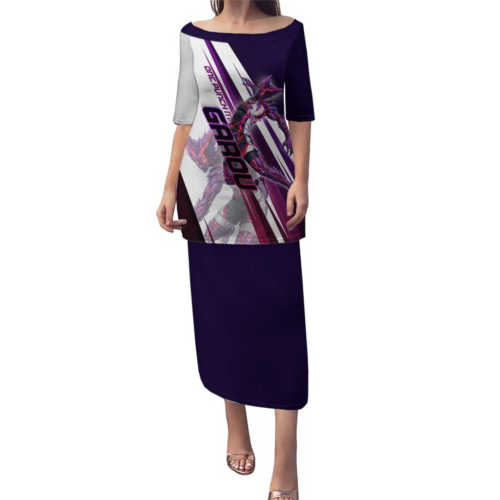 Personalized Garou Monster Volleyball Design Puletasi with Dynamic Pose, Purple and White Diagonal Stripes Featuring One Punch Man Anime Theme