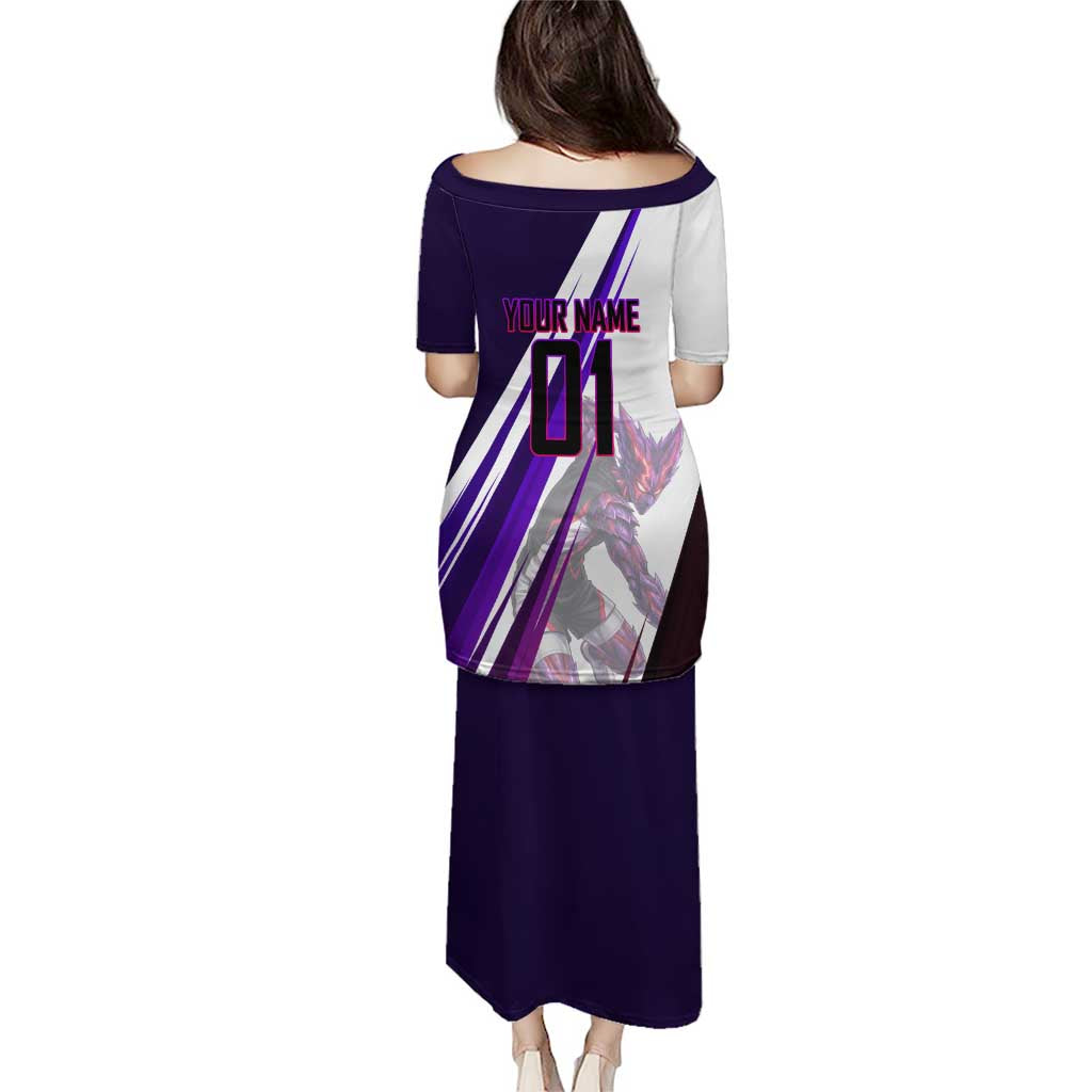 Personalized Garou Monster Volleyball Design Puletasi with Dynamic Pose, Purple and White Diagonal Stripes Featuring One Punch Man Anime Theme