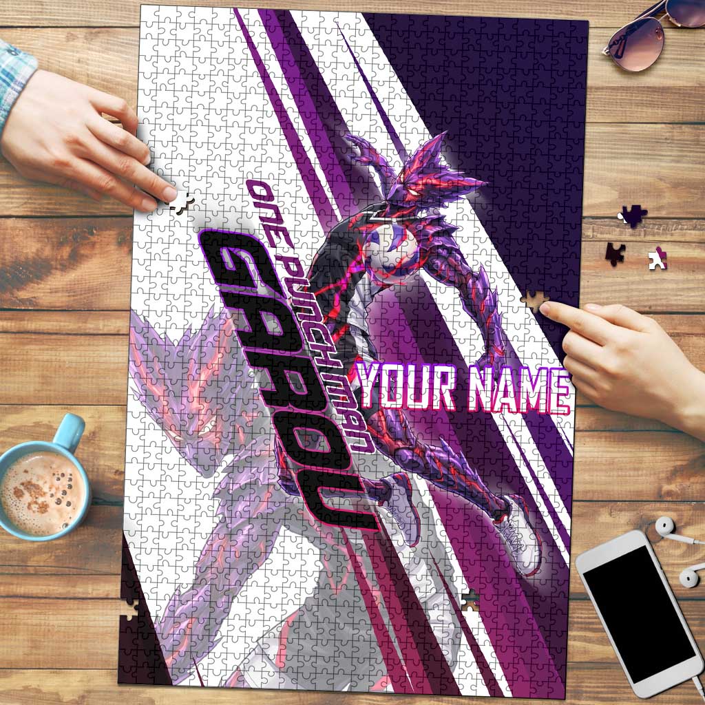 Personalized Garou Monster Volleyball Design Puzzle with Dynamic Pose, Purple and White Diagonal Stripes Featuring One Punch Man Anime Theme