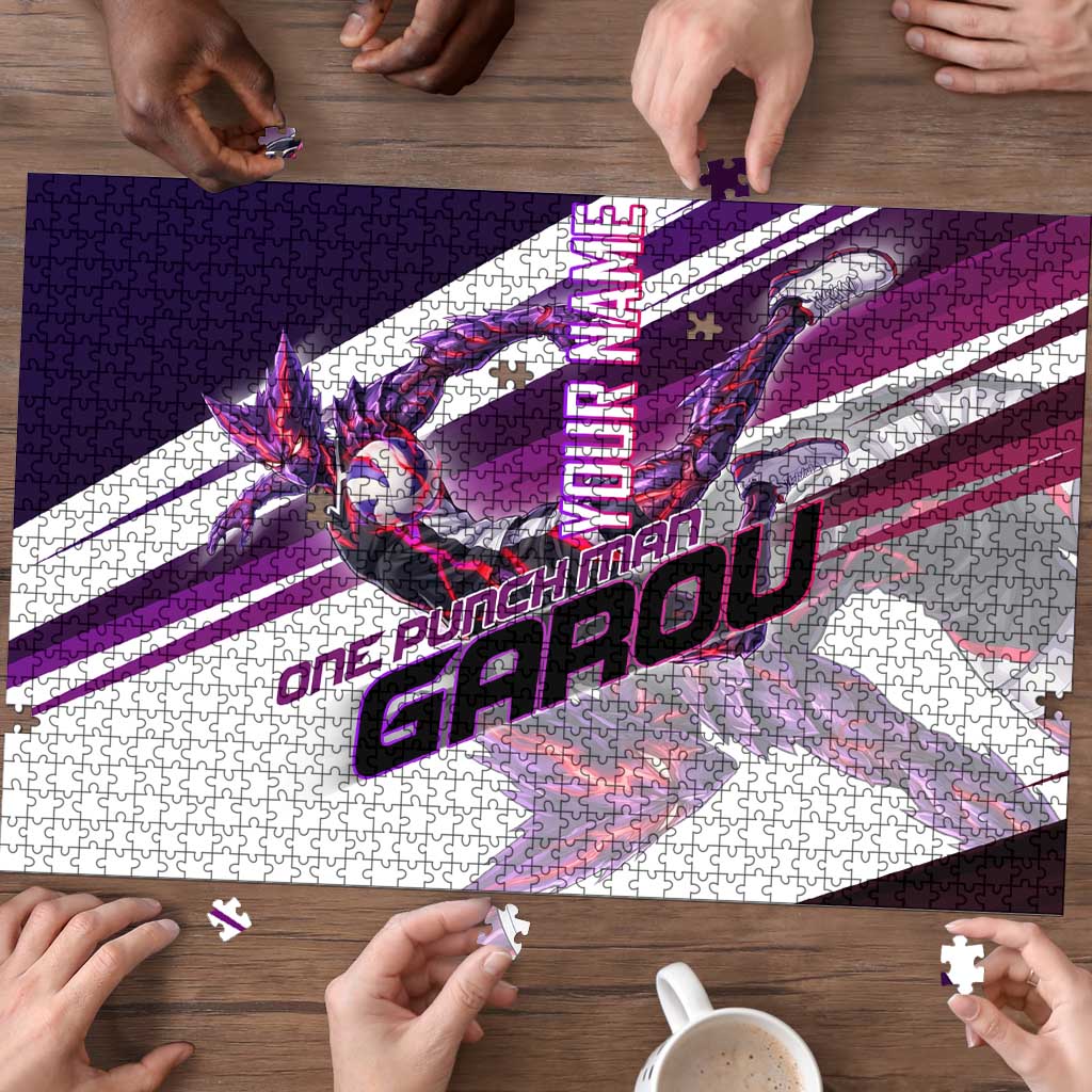 Personalized Garou Monster Volleyball Design Puzzle with Dynamic Pose, Purple and White Diagonal Stripes Featuring One Punch Man Anime Theme