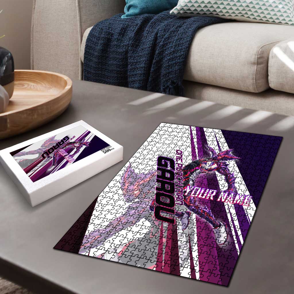 Personalized Garou Monster Volleyball Design Puzzle with Dynamic Pose, Purple and White Diagonal Stripes Featuring One Punch Man Anime Theme