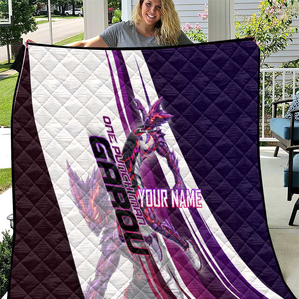 Personalized Garou Monster Volleyball Design Quilt with Dynamic Pose, Purple and White Diagonal Stripes Featuring One Punch Man Anime Theme