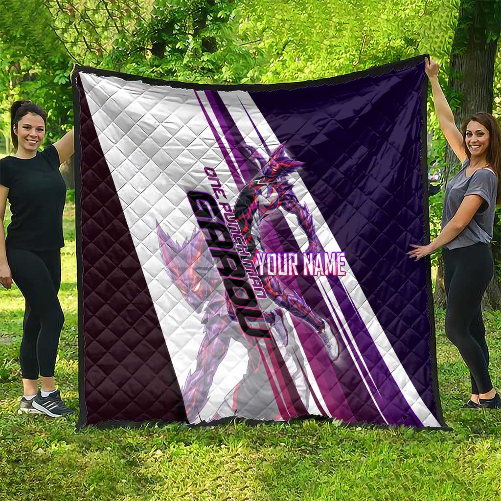 Personalized Garou Monster Volleyball Design Quilt with Dynamic Pose, Purple and White Diagonal Stripes Featuring One Punch Man Anime Theme