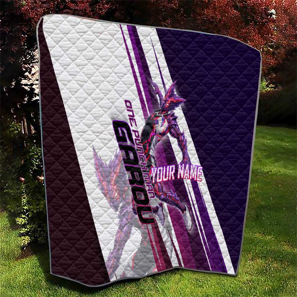 Personalized Garou Monster Volleyball Design Quilt with Dynamic Pose, Purple and White Diagonal Stripes Featuring One Punch Man Anime Theme