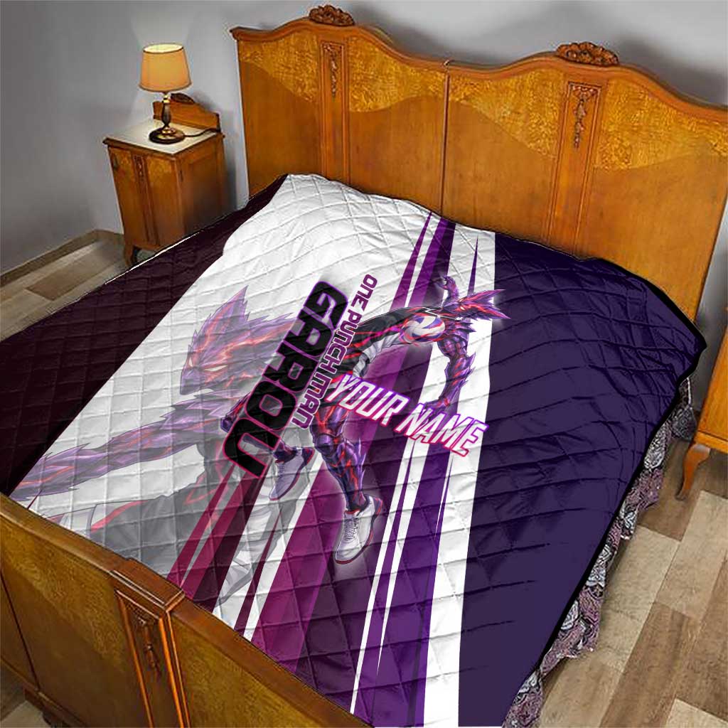 Personalized Garou Monster Volleyball Design Quilt with Dynamic Pose, Purple and White Diagonal Stripes Featuring One Punch Man Anime Theme