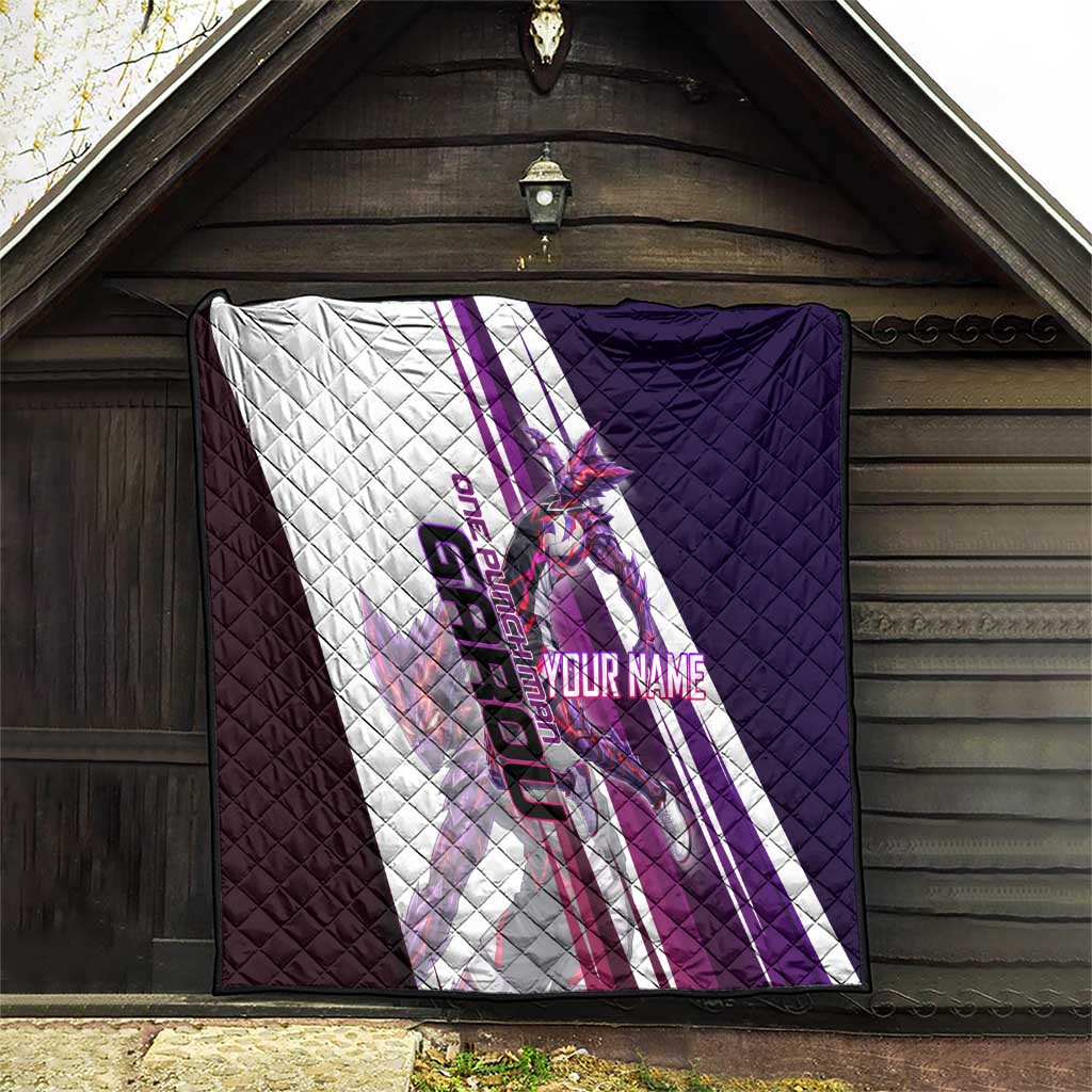 Personalized Garou Monster Volleyball Design Quilt with Dynamic Pose, Purple and White Diagonal Stripes Featuring One Punch Man Anime Theme