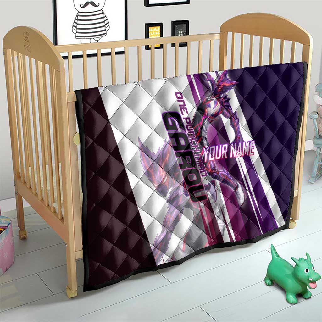 Personalized Garou Monster Volleyball Design Quilt with Dynamic Pose, Purple and White Diagonal Stripes Featuring One Punch Man Anime Theme