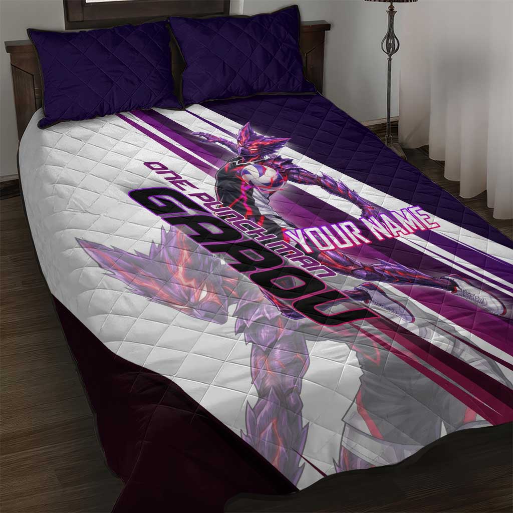 Personalized Garou Monster Volleyball Design Quilt Bed Set with Dynamic Pose, Purple and White Diagonal Stripes Featuring One Punch Man Anime Theme