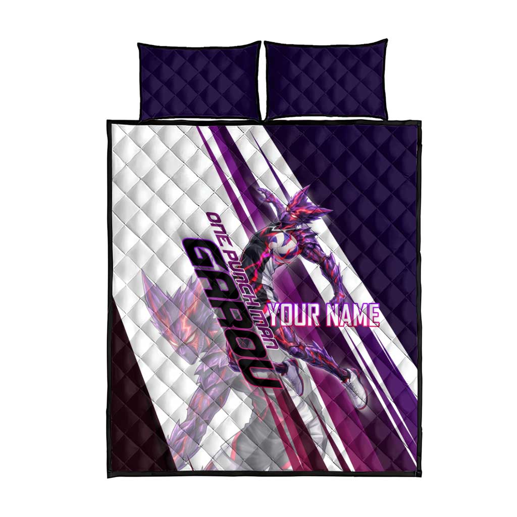 Personalized Garou Monster Volleyball Design Quilt Bed Set with Dynamic Pose, Purple and White Diagonal Stripes Featuring One Punch Man Anime Theme