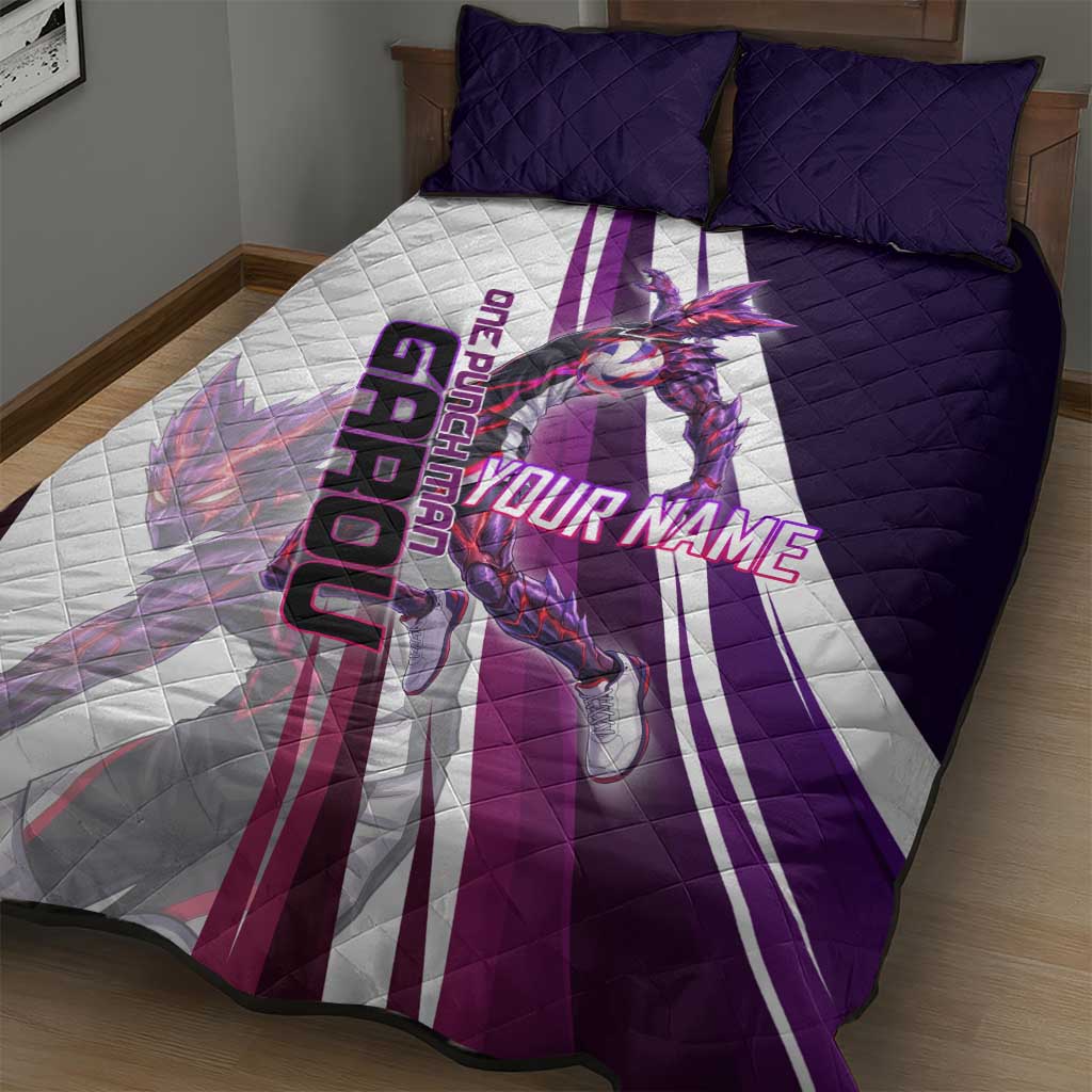 Personalized Garou Monster Volleyball Design Quilt Bed Set with Dynamic Pose, Purple and White Diagonal Stripes Featuring One Punch Man Anime Theme
