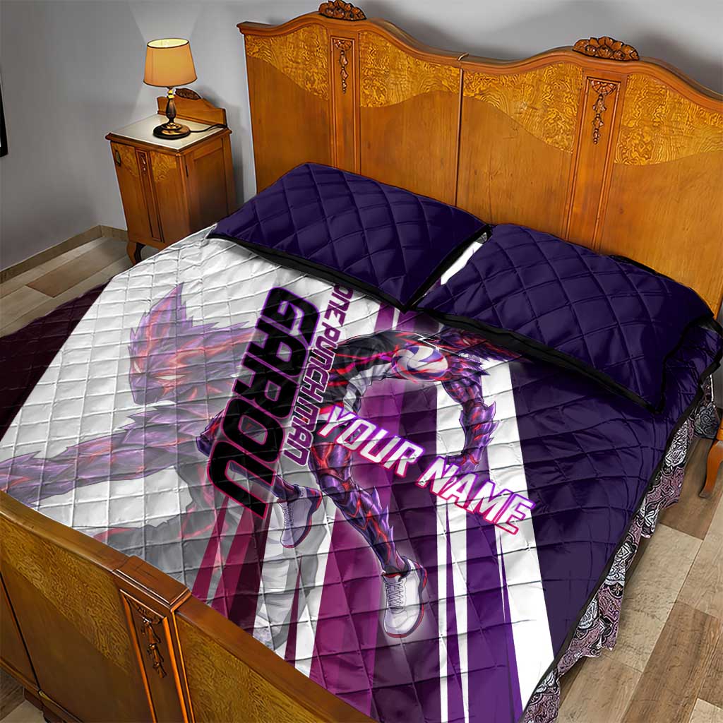 Personalized Garou Monster Volleyball Design Quilt Bed Set with Dynamic Pose, Purple and White Diagonal Stripes Featuring One Punch Man Anime Theme
