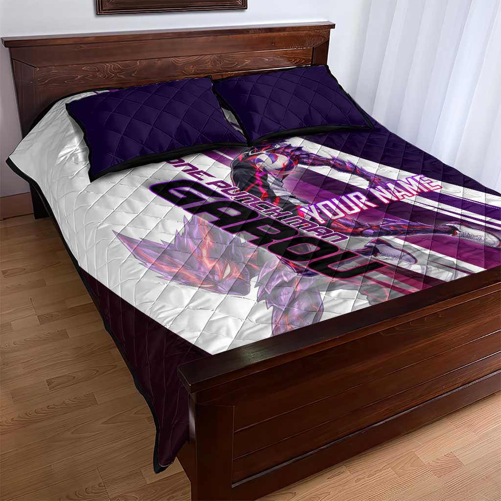 Personalized Garou Monster Volleyball Design Quilt Bed Set with Dynamic Pose, Purple and White Diagonal Stripes Featuring One Punch Man Anime Theme
