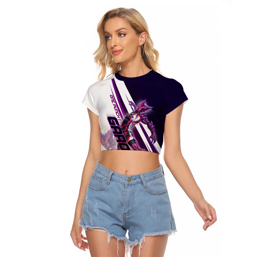 Personalized Garou Monster Volleyball Design Raglan Cropped T Shirt with Dynamic Pose, Purple and White Diagonal Stripes Featuring One Punch Man Anime Theme