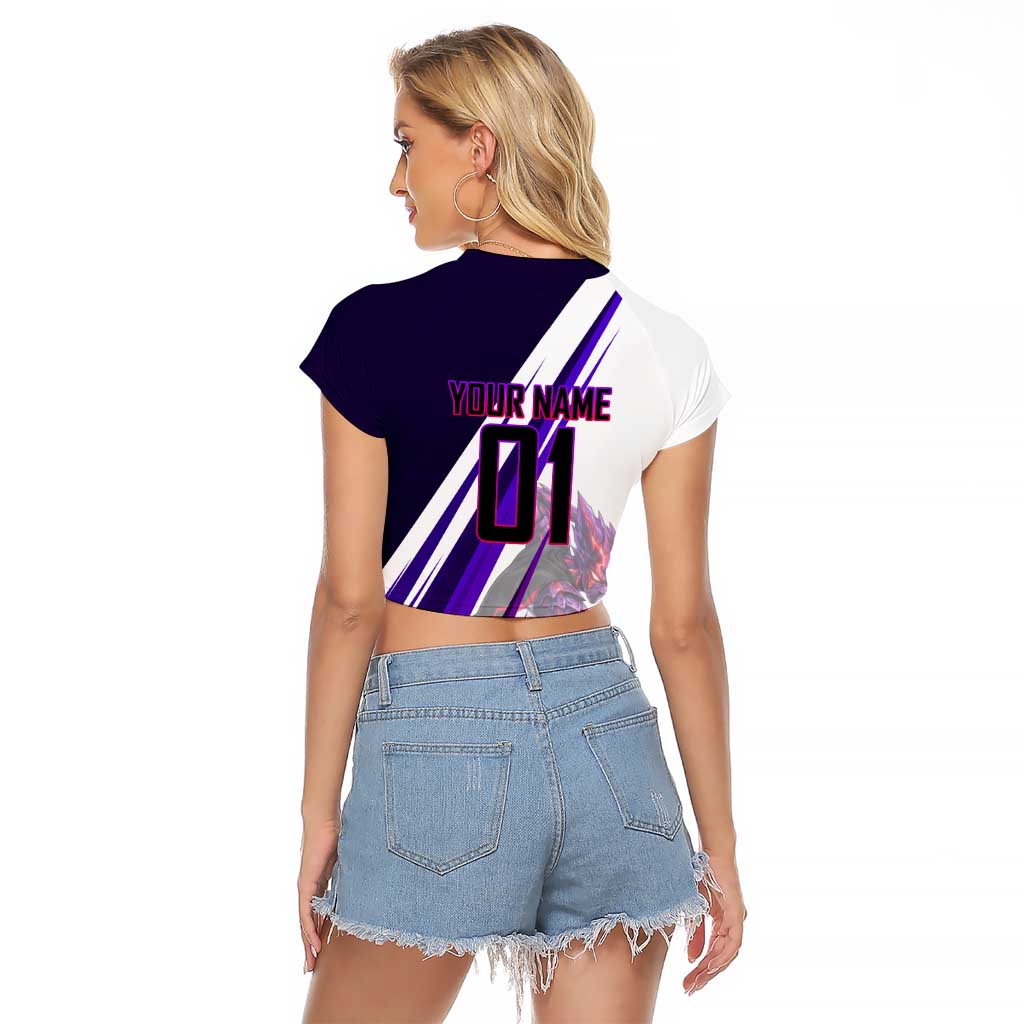 Personalized Garou Monster Volleyball Design Raglan Cropped T Shirt with Dynamic Pose, Purple and White Diagonal Stripes Featuring One Punch Man Anime Theme