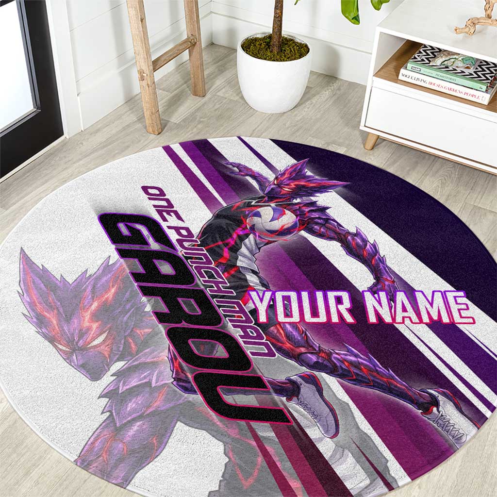 Personalized Garou Monster Volleyball Design Round Carpet with Dynamic Pose, Purple and White Diagonal Stripes Featuring One Punch Man Anime Theme