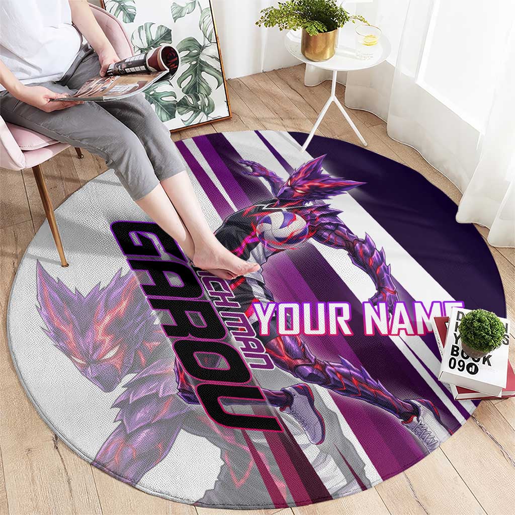 Personalized Garou Monster Volleyball Design Round Carpet with Dynamic Pose, Purple and White Diagonal Stripes Featuring One Punch Man Anime Theme