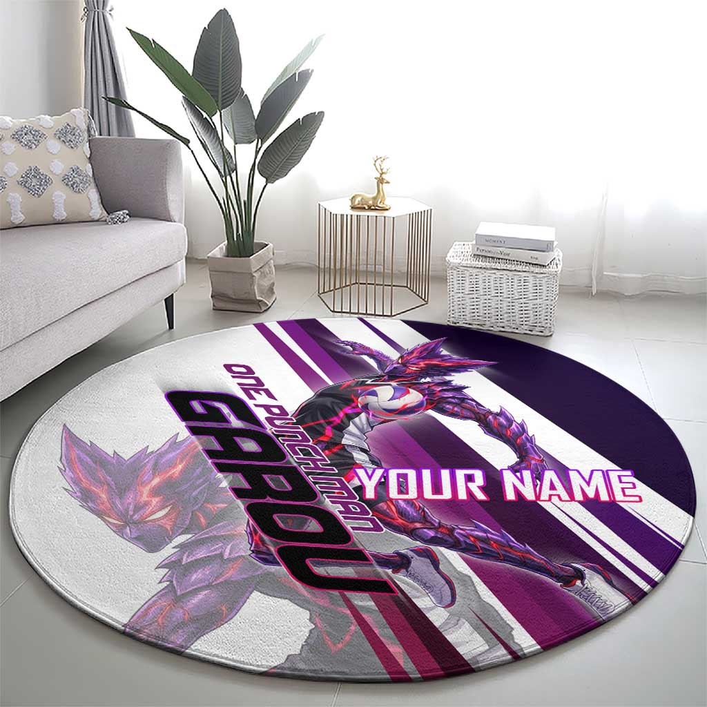 Personalized Garou Monster Volleyball Design Round Carpet with Dynamic Pose, Purple and White Diagonal Stripes Featuring One Punch Man Anime Theme