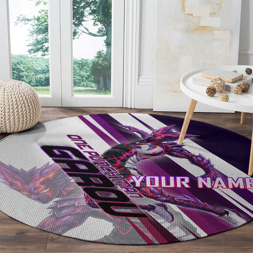 Personalized Garou Monster Volleyball Design Round Carpet with Dynamic Pose, Purple and White Diagonal Stripes Featuring One Punch Man Anime Theme