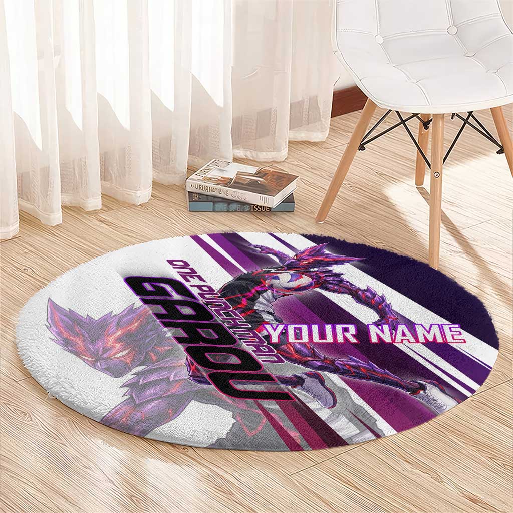 Personalized Garou Monster Volleyball Design Round Carpet with Dynamic Pose, Purple and White Diagonal Stripes Featuring One Punch Man Anime Theme