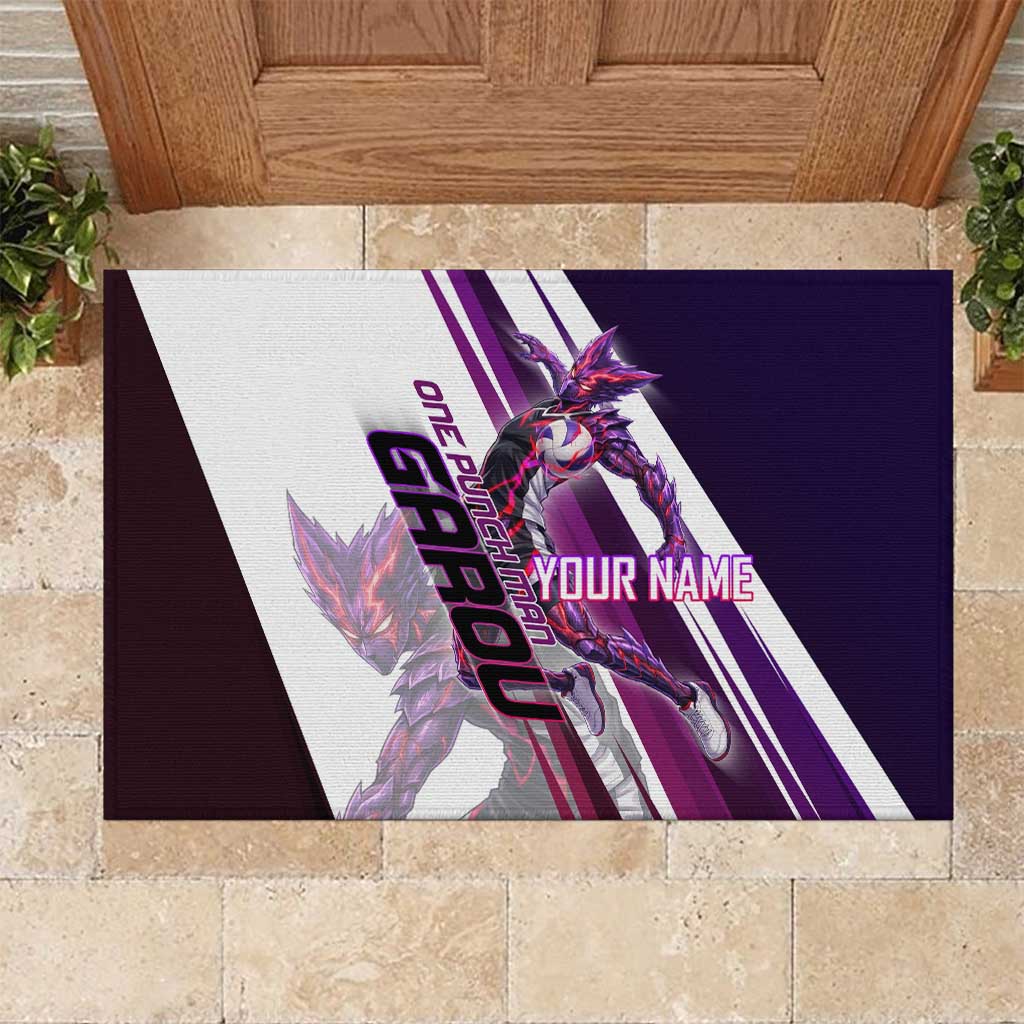 Personalized Garou Monster Volleyball Design Rubber Doormat with Dynamic Pose, Purple and White Diagonal Stripes Featuring One Punch Man Anime Theme