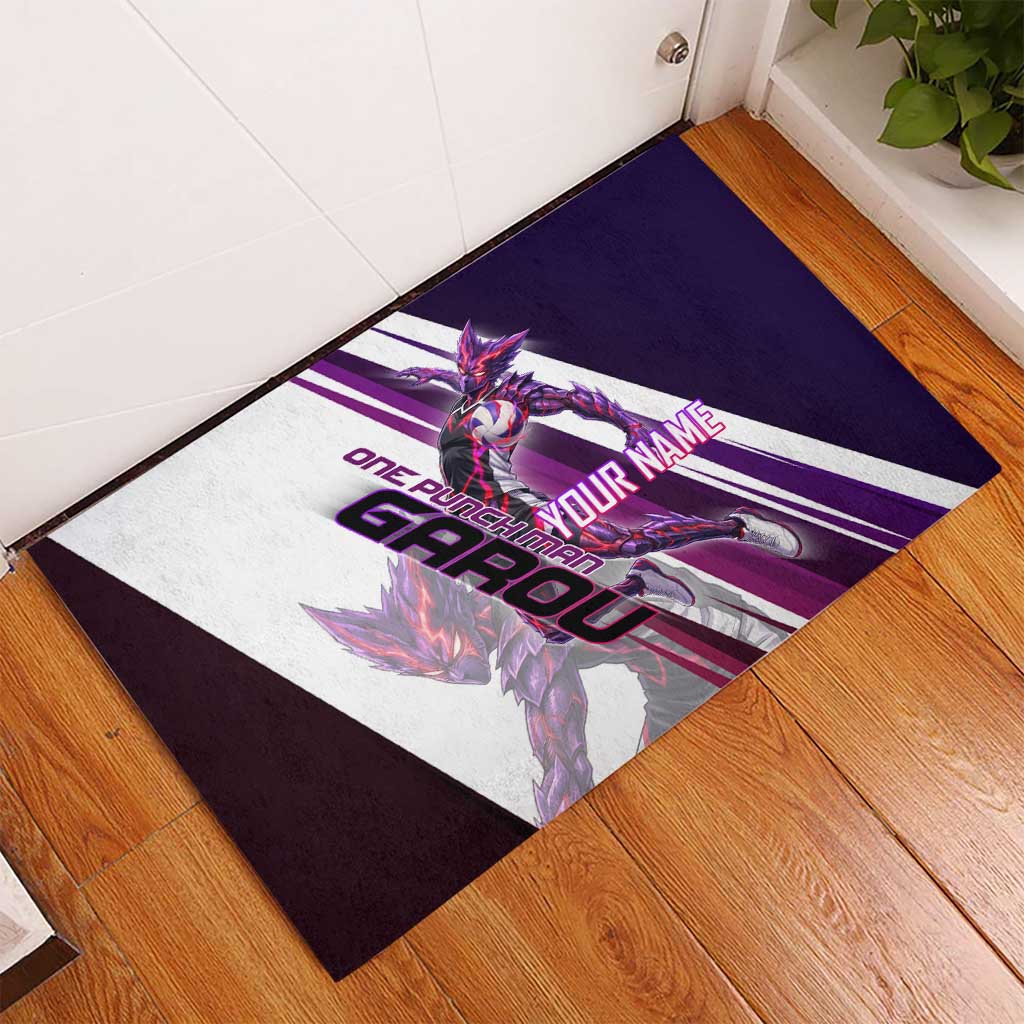 Personalized Garou Monster Volleyball Design Rubber Doormat with Dynamic Pose, Purple and White Diagonal Stripes Featuring One Punch Man Anime Theme
