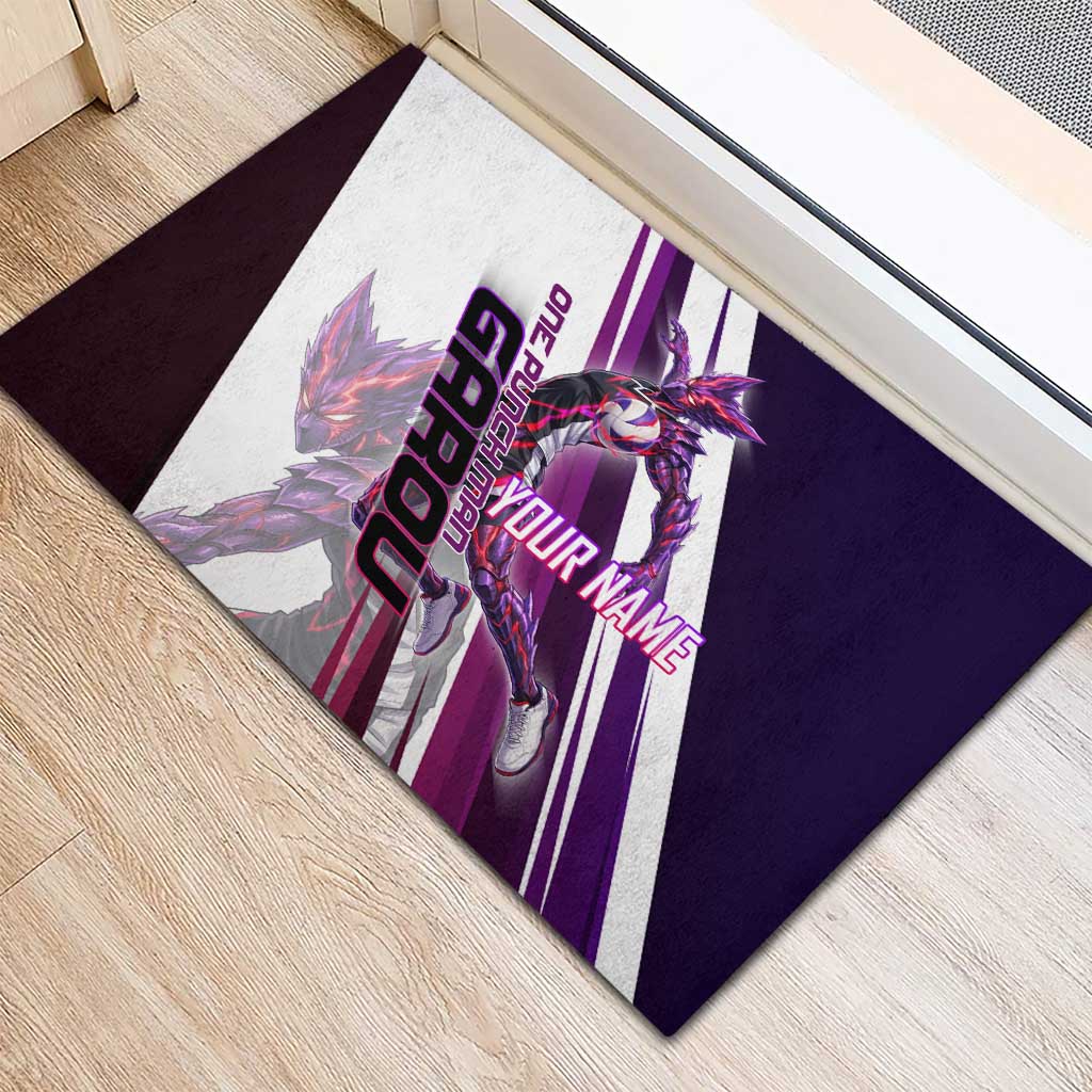 Personalized Garou Monster Volleyball Design Rubber Doormat with Dynamic Pose, Purple and White Diagonal Stripes Featuring One Punch Man Anime Theme