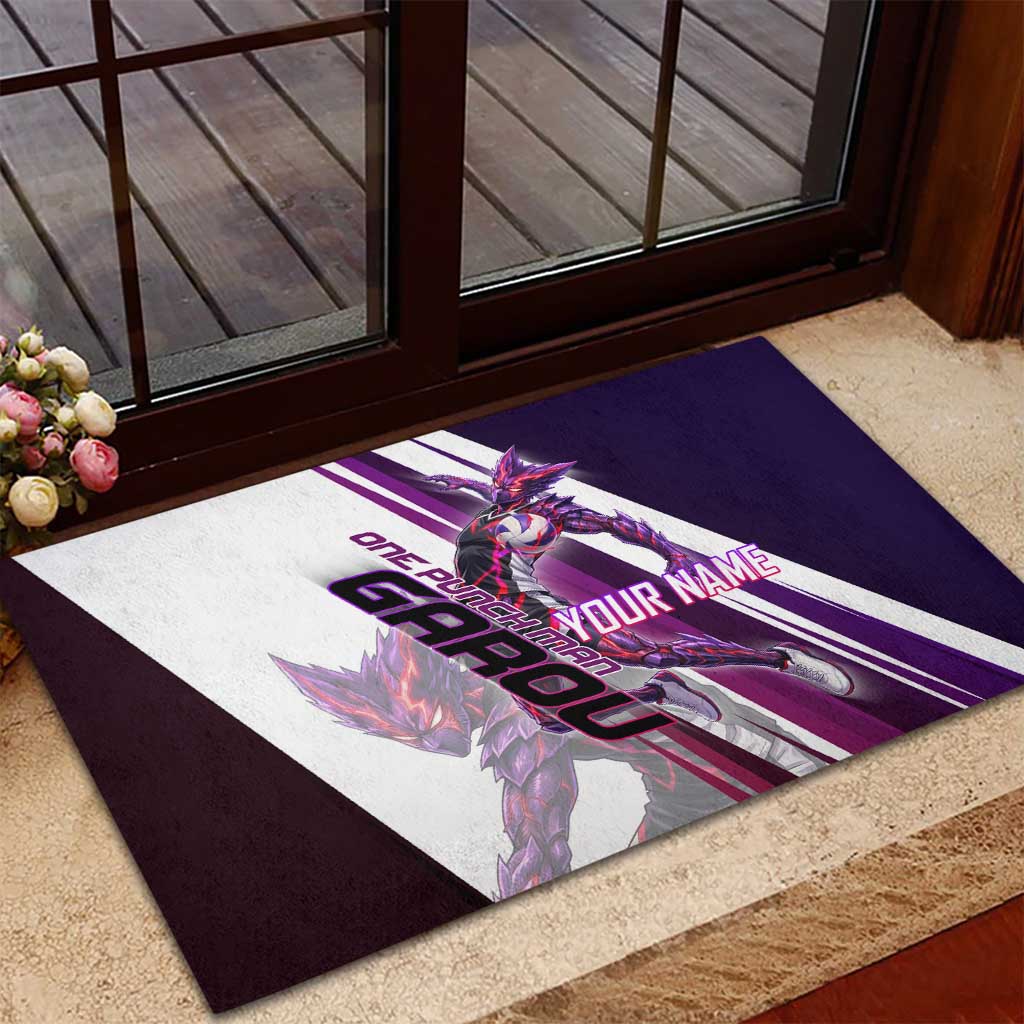 Personalized Garou Monster Volleyball Design Rubber Doormat with Dynamic Pose, Purple and White Diagonal Stripes Featuring One Punch Man Anime Theme