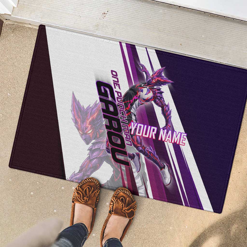 Personalized Garou Monster Volleyball Design Rubber Doormat with Dynamic Pose, Purple and White Diagonal Stripes Featuring One Punch Man Anime Theme