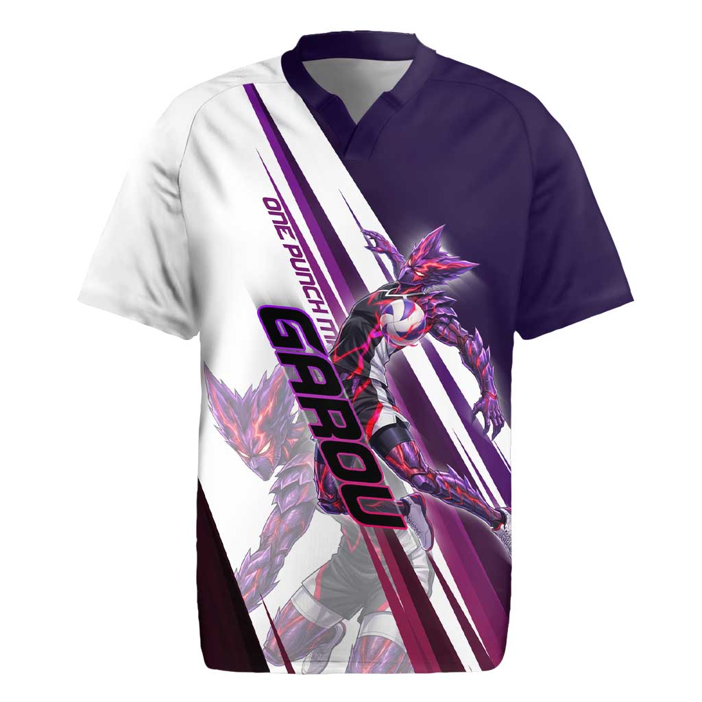 Personalized Garou Monster Volleyball Design Rugby Jersey with Dynamic Pose, Purple and White Diagonal Stripes Featuring One Punch Man Anime Theme