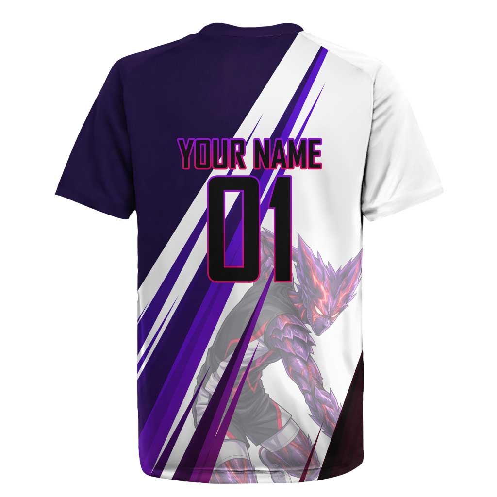 Personalized Garou Monster Volleyball Design Rugby Jersey with Dynamic Pose, Purple and White Diagonal Stripes Featuring One Punch Man Anime Theme
