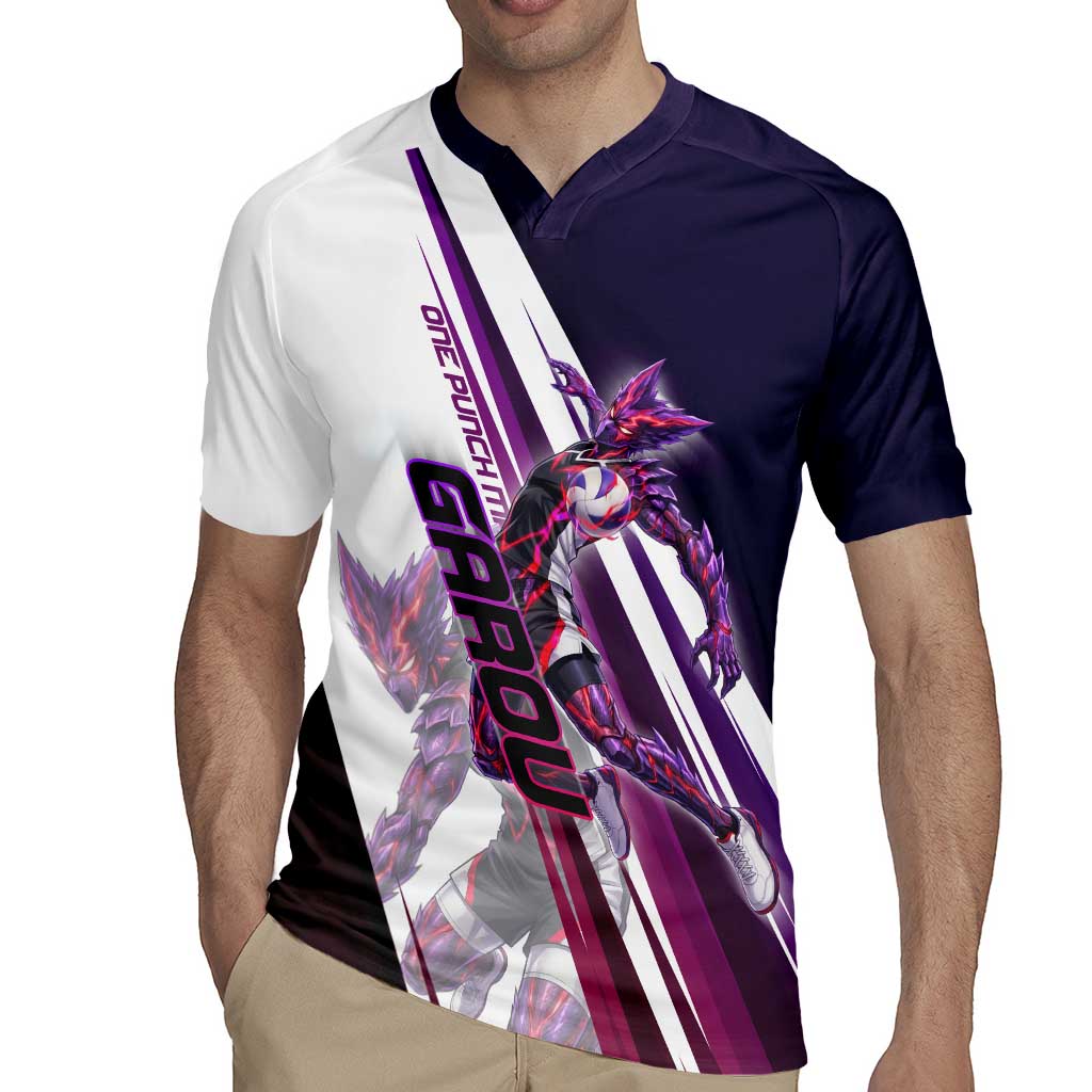 Personalized Garou Monster Volleyball Design Rugby Jersey with Dynamic Pose, Purple and White Diagonal Stripes Featuring One Punch Man Anime Theme