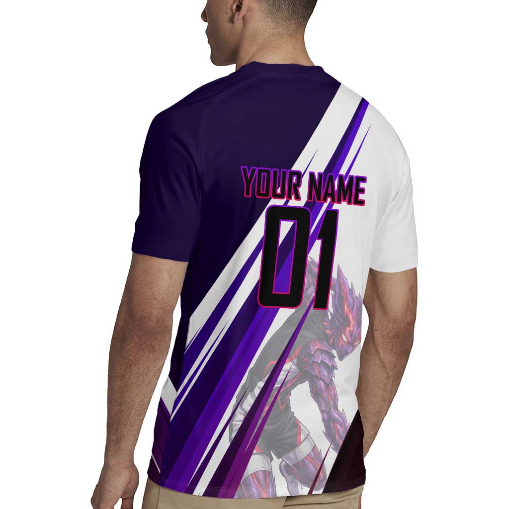 Personalized Garou Monster Volleyball Design Rugby Jersey with Dynamic Pose, Purple and White Diagonal Stripes Featuring One Punch Man Anime Theme