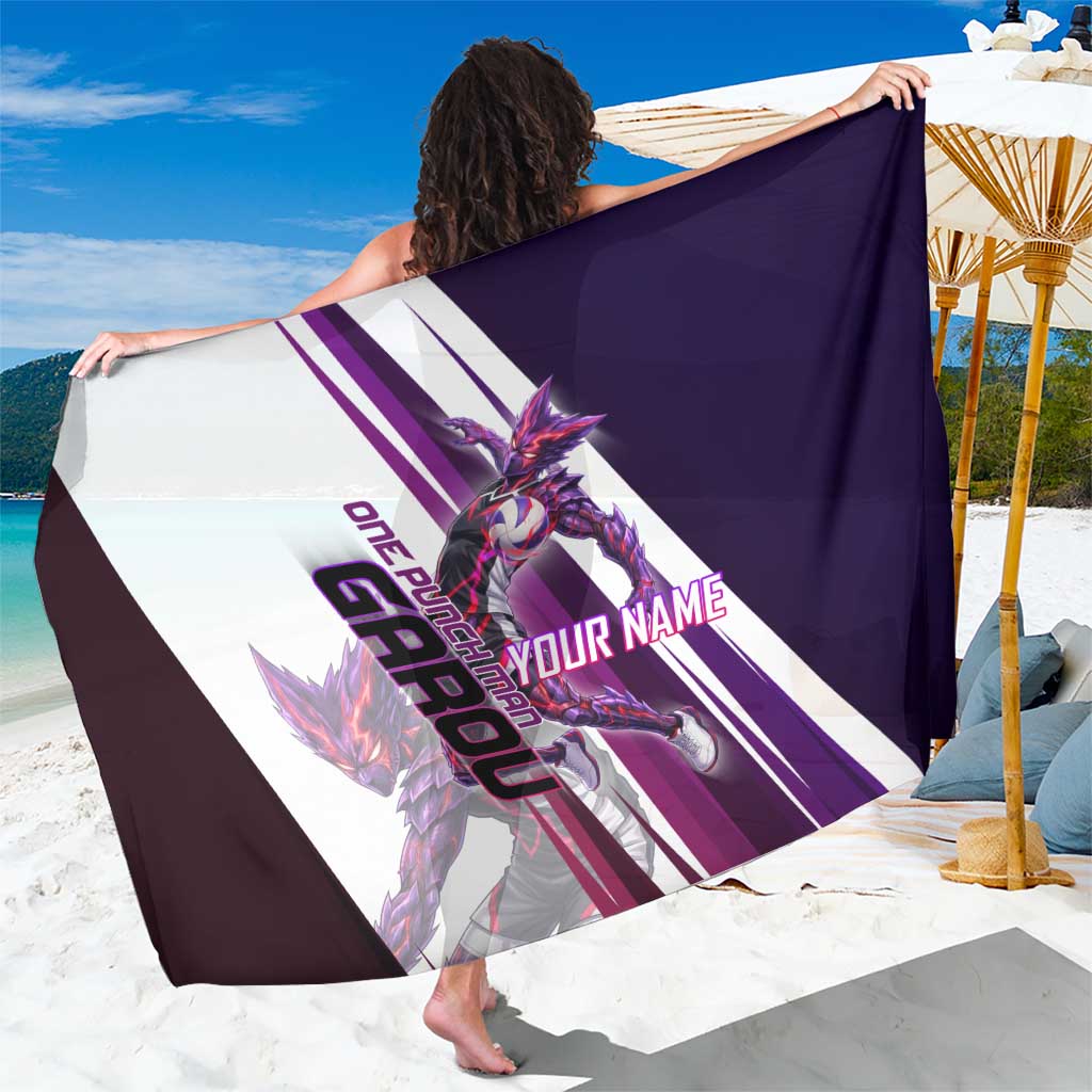 Personalized Garou Monster Volleyball Design Sarong with Dynamic Pose, Purple and White Diagonal Stripes Featuring One Punch Man Anime Theme